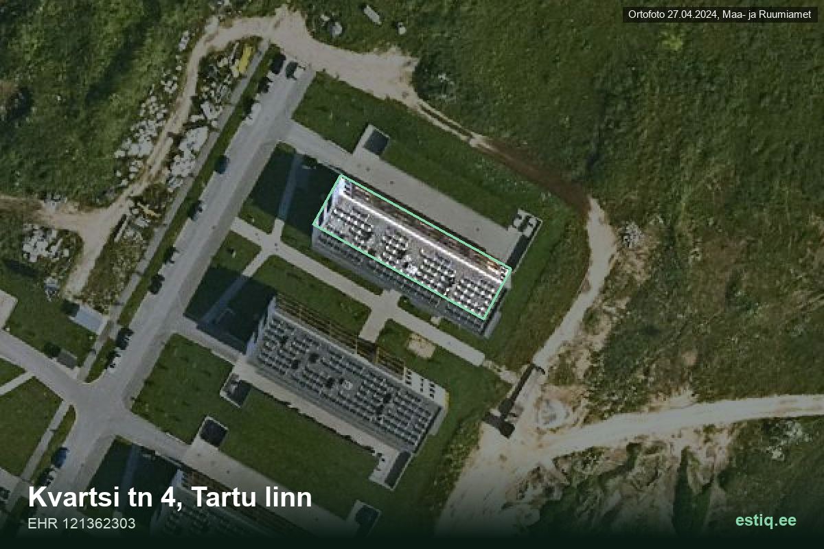 Kvartsi tänav 4, Tartu – аэрофото дома, контур по данным регистра строений (EHR)