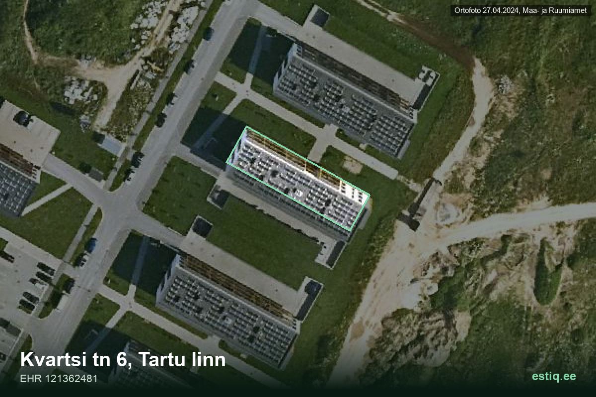 Kvartsi tänav 6, Tartu – ilmakuva rakennuksesta, ääriviiva rakennusrekisteristä (EHR)