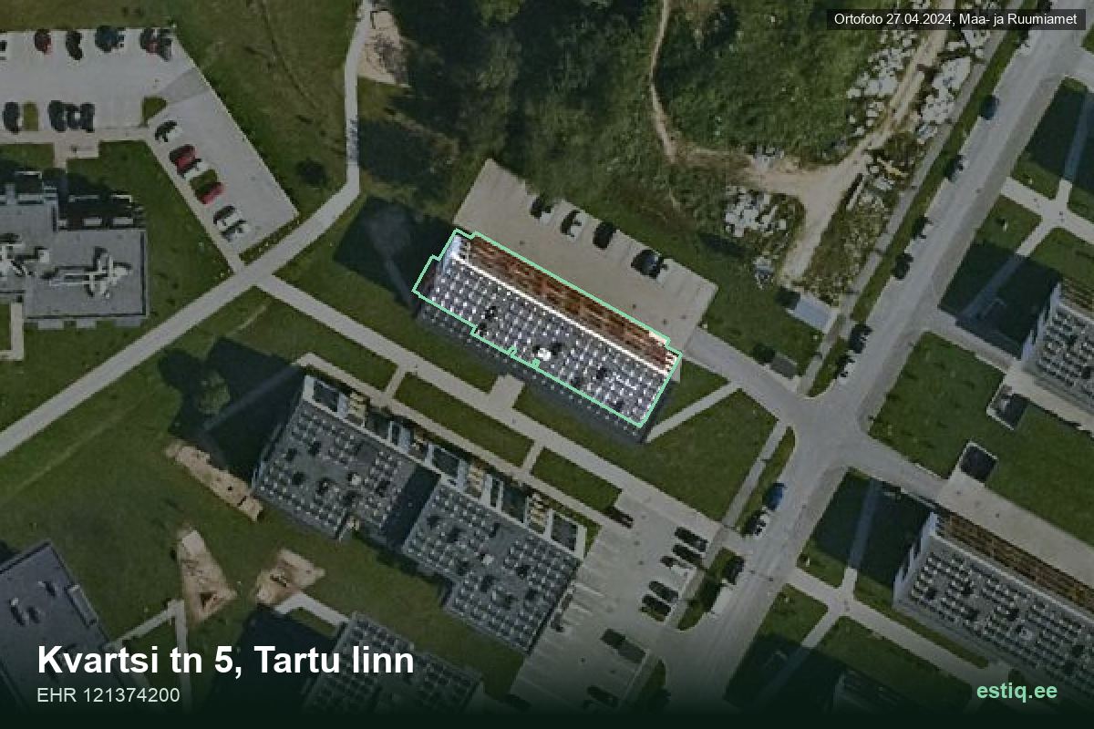 Kvartsi tänav 5, Tartu – ilmakuva rakennuksesta, ääriviiva rakennusrekisteristä (EHR)