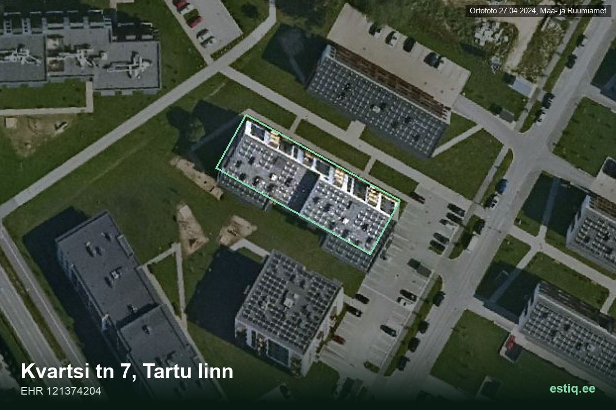 Kvartsi tänav 7, Tartu – hoone aerofoto, kontuur ehitisregistri (EHR) andmetest