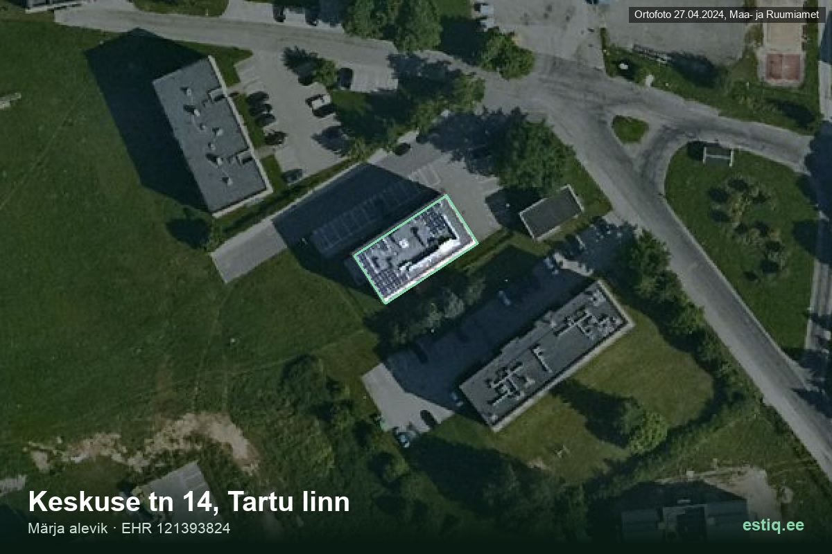 Keskuse tänav 14, Tartu – аэрофото дома, контур по данным регистра строений (EHR)