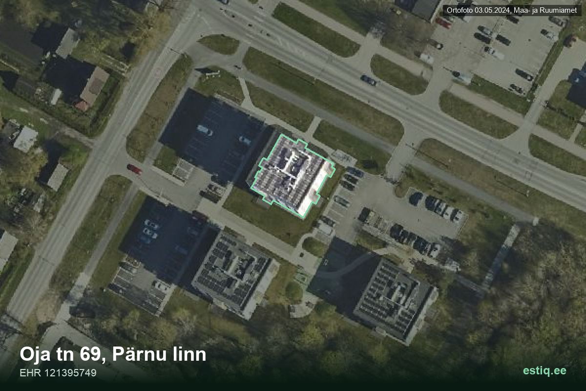 Oja tänav 69, Pärnu – hoone aerofoto, kontuur ehitisregistri (EHR) andmetest