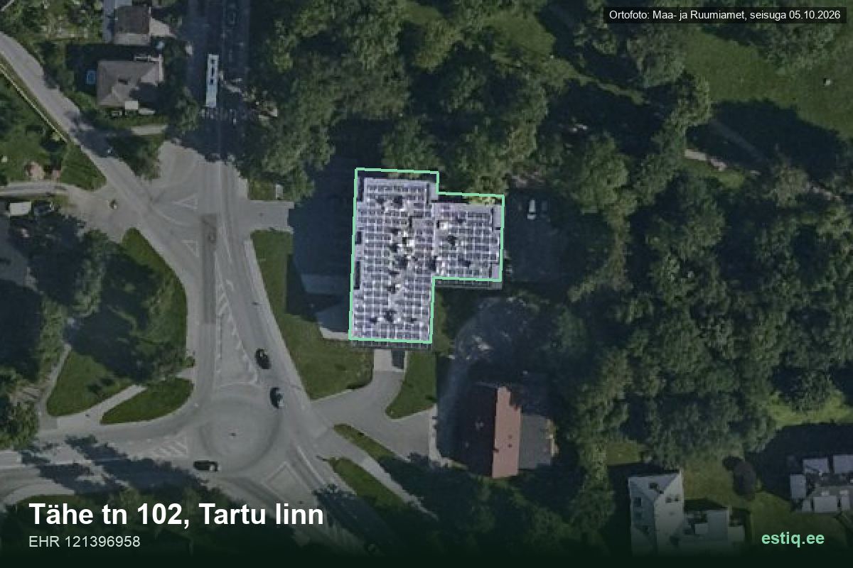 Tähe tänav 102, Tartu – аэрофото дома, контур по данным регистра строений (EHR)