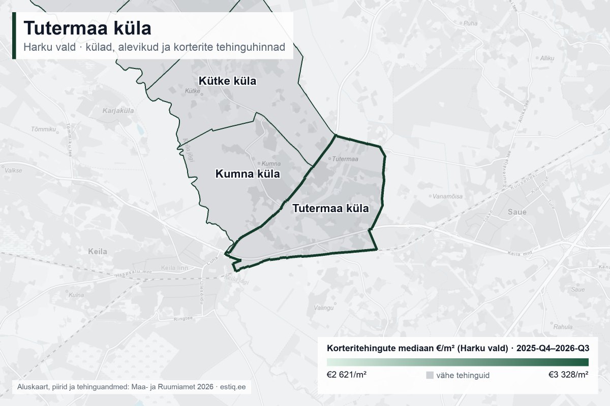Tutermaa küla, Harku vald – külade ja alevike kaart korteritehingute mediaanhindadega €/m²
