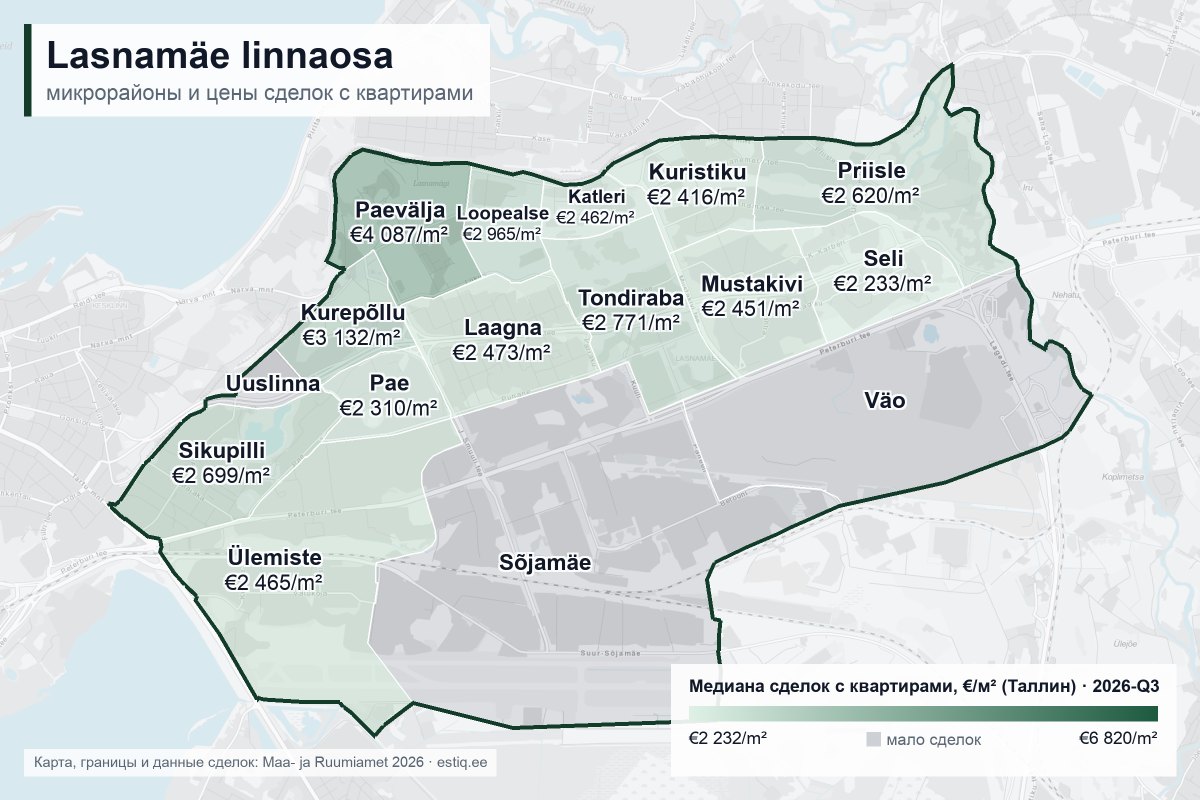 Lasnamäe linnaosa, Tallinn – карта микрорайонов с медианой цен сделок с квартирами €/м²