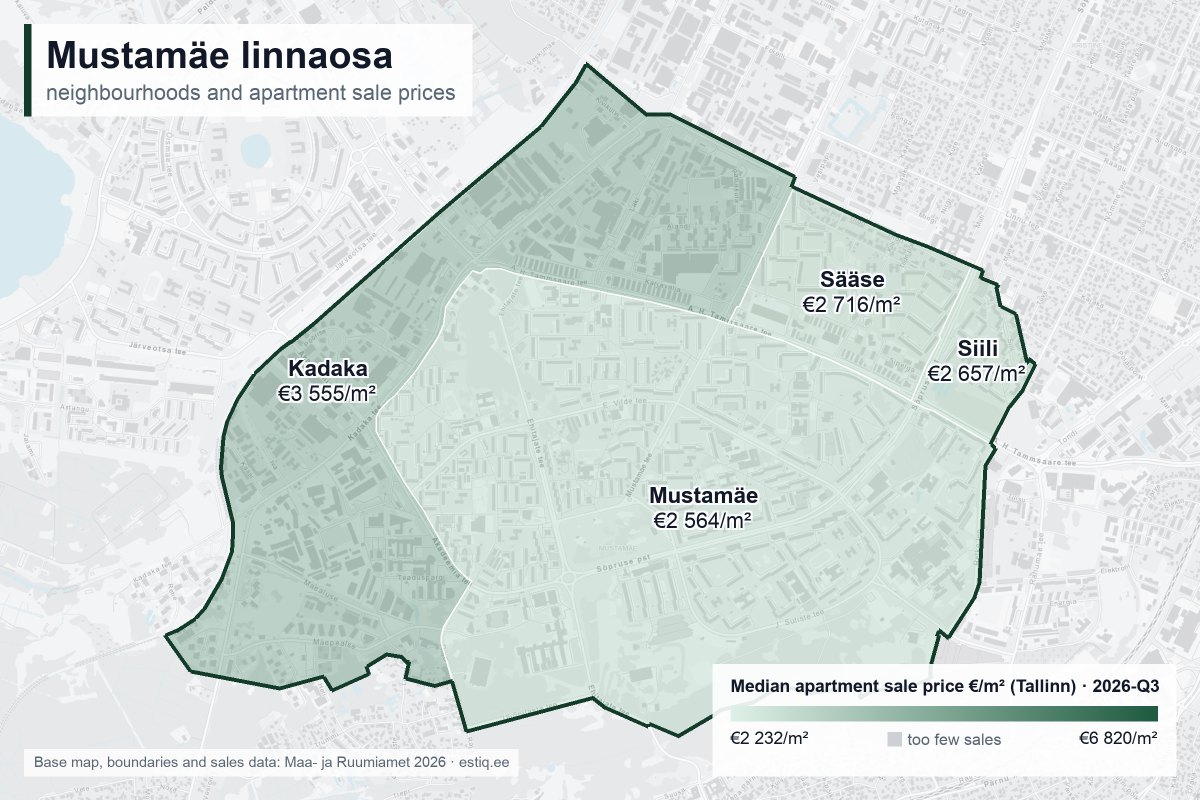 Mustamäe linnaosa, Tallinn – map of neighbourhoods with median apartment sale prices €/m²
