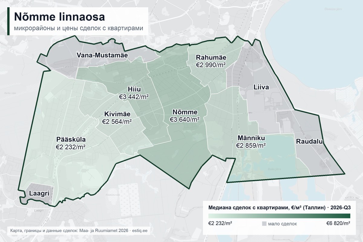 Nõmme linnaosa, Tallinn – карта микрорайонов с медианой цен сделок с квартирами €/м²
