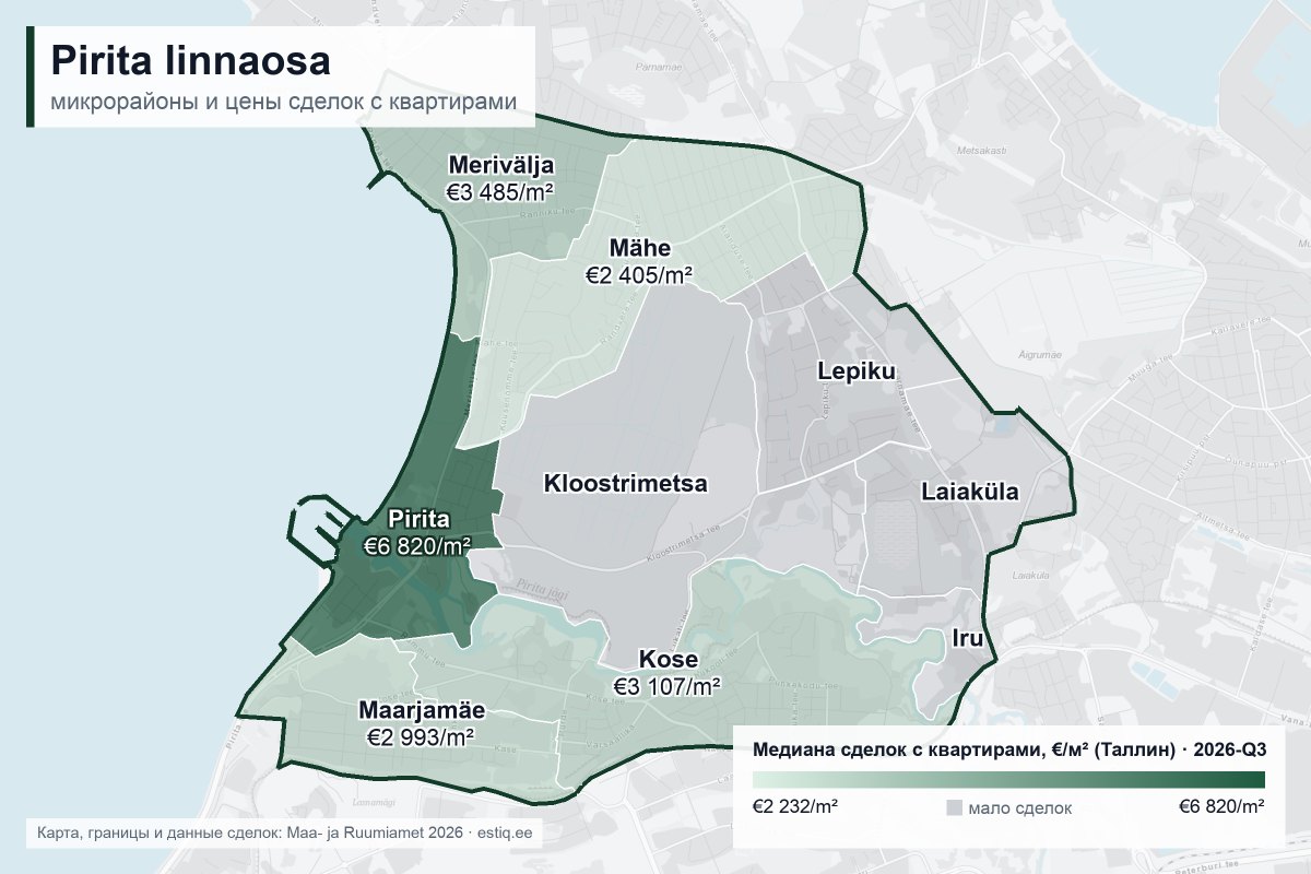 Pirita linnaosa, Tallinn – карта микрорайонов с медианой цен сделок с квартирами €/м²