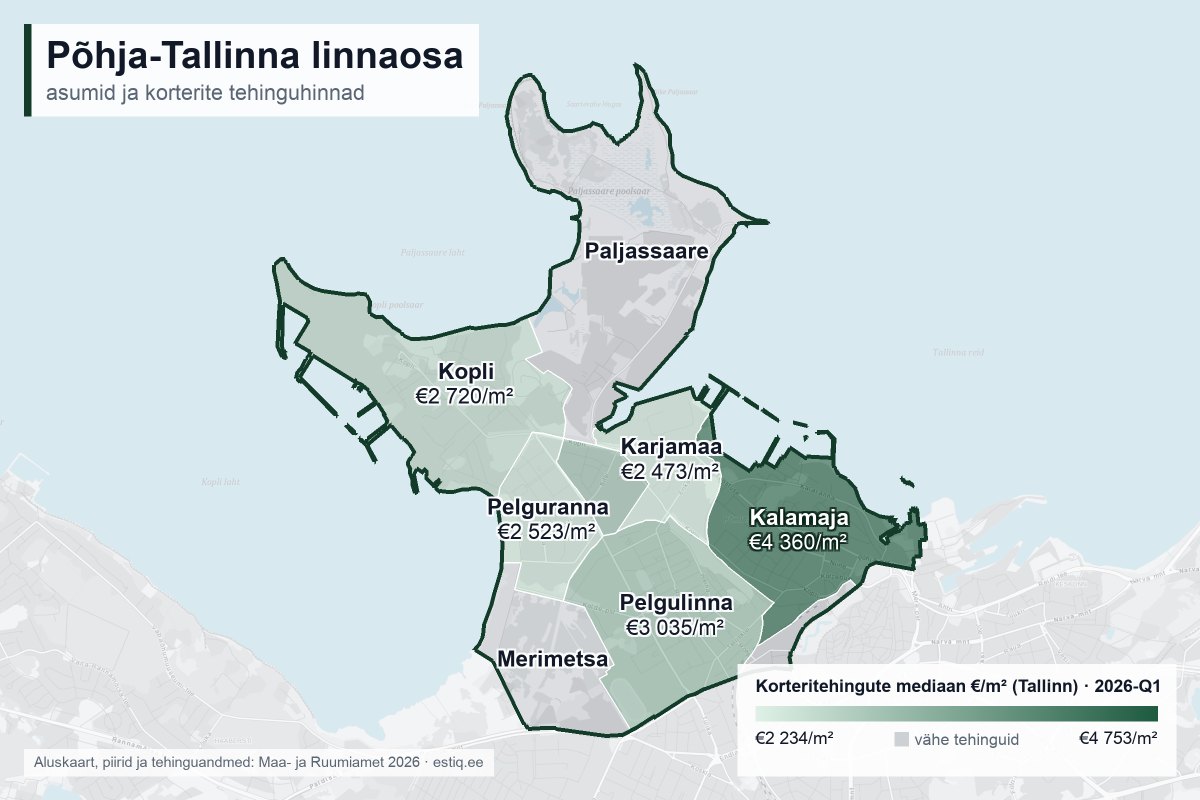 Põhja-Tallinna linnaosa, Tallinn – asumite kaart korteritehingute mediaanhindadega €/m²