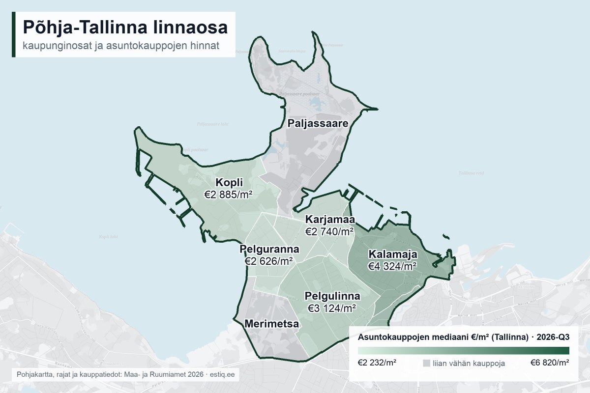 Põhja-Tallinna linnaosa, Tallinn – kartta kaupunginosista ja asuntokauppojen mediaanihinnoista €/m²
