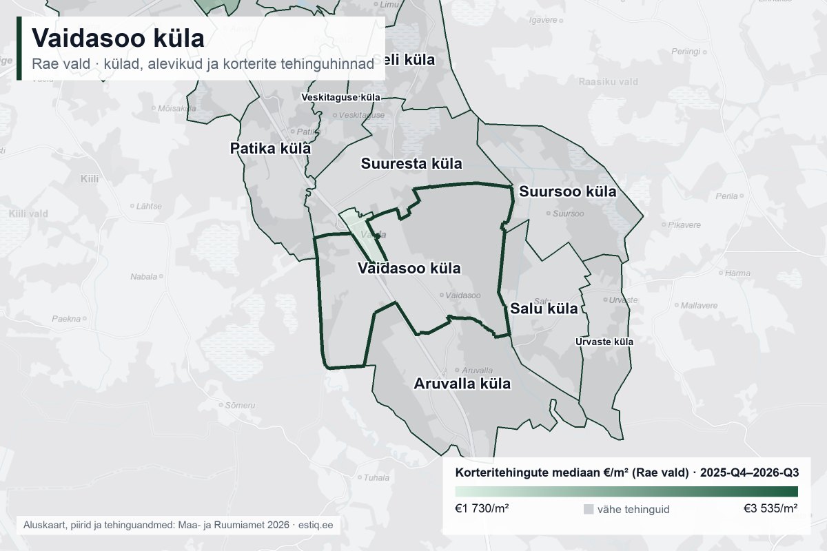 Vaidasoo küla, Rae vald – külade ja alevike kaart korteritehingute mediaanhindadega €/m²