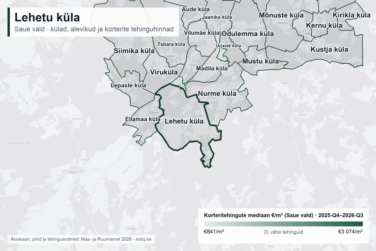 Lehetu küla, Saue vald – külade ja alevike kaart korteritehingute mediaanhindadega €/m²