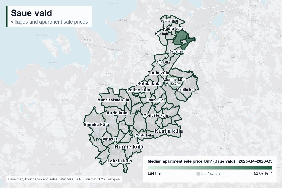 Saue vald – map of villages with median apartment sale prices €/m²
