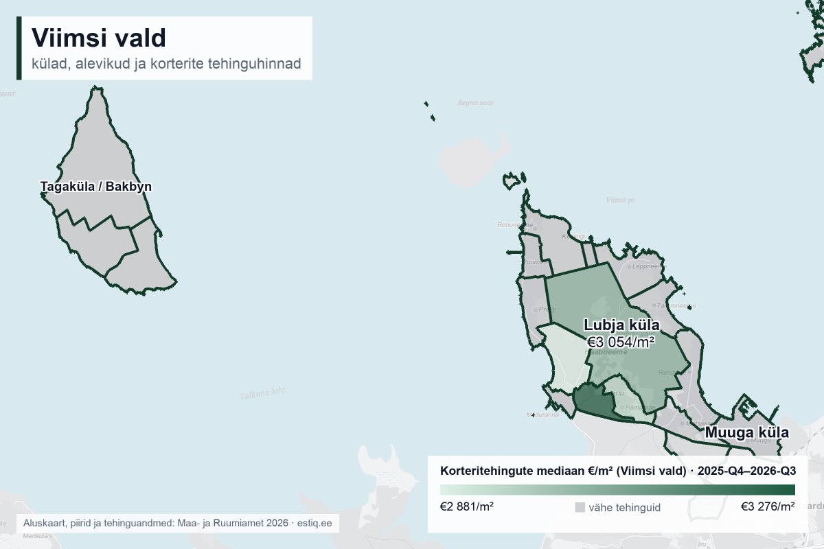 Viimsi vald – külade ja alevike kaart korteritehingute mediaanhindadega €/m²